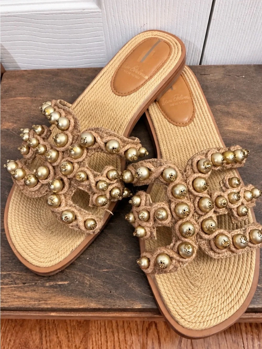 Sam Edelman Tan Raffia Slide Sandals with Gold Bead Accents